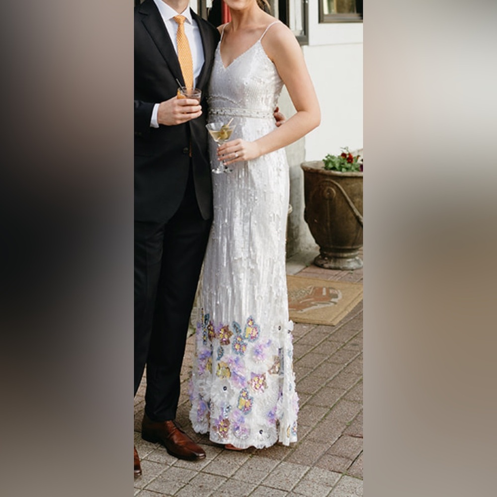 Mac Duggal Embellished Cream Dress with Floral accents